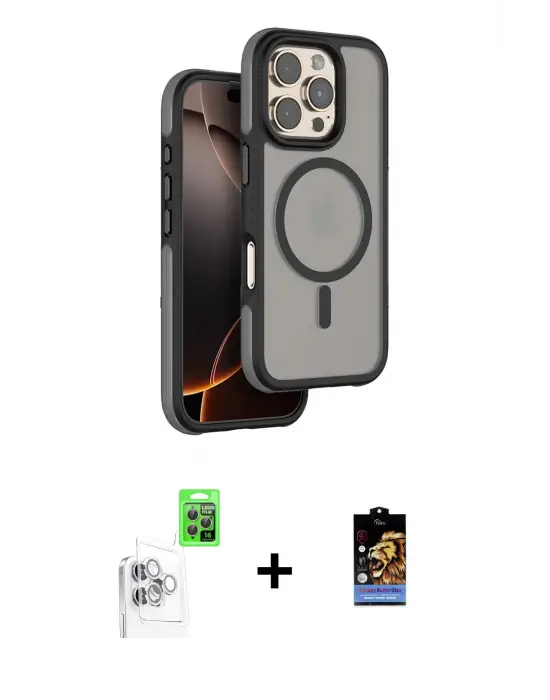 ieg™ iPhone 16 Pro Max Kılıf Çekirdek Minimal Prime - Siyah Buffer Hayalet Cam Ekran Koruyucu + Raze Metal Kamera Lens - BZ
