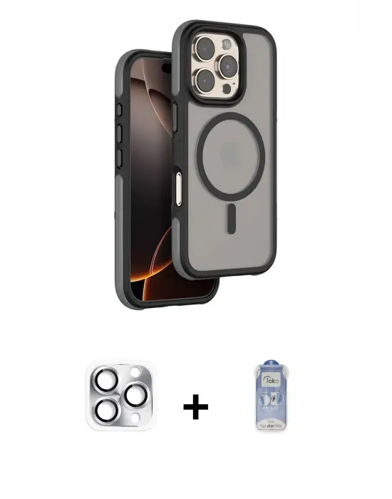 ieg™ iPhone 16 Pro Max Kılıf Çekirdek Minimal Prime - Siyah Joko Magic 5D Cam + Pers Alüminyum Kamera Lens - GS