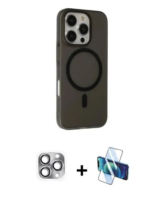 ieg™ iPhone 16 Pro Max Kılıf Çekirdek Modern Prime - Siyah 3D Antistatik Cam Ekran Koruyucu + Pers Alüminyum Kamera Lens - GI