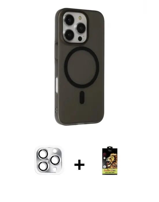 ieg™ iPhone 16 Pro Max Kılıf Çekirdek Modern Prime - Siyah Buffer Cam Ekran Koruyucu + Pers Alüminyum Kamera Lens - GS