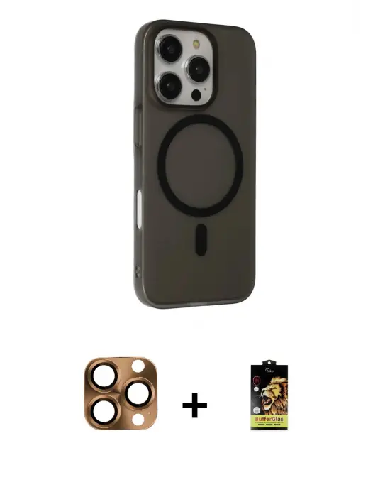 ieg™ iPhone 16 Pro Max Kılıf Çekirdek Modern Prime - Siyah Buffer Cam Ekran Koruyucu + Pers Alüminyum Kamera Lens - CLTM