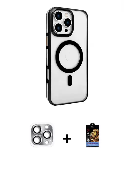 ieg™ iPhone 16 Pro Max Kılıf Doruk Doku Özel Seri - Siyah Buffer Hayalet Cam Ekran Koruyucu + Pers Alüminyum Kamera Lens - GI
