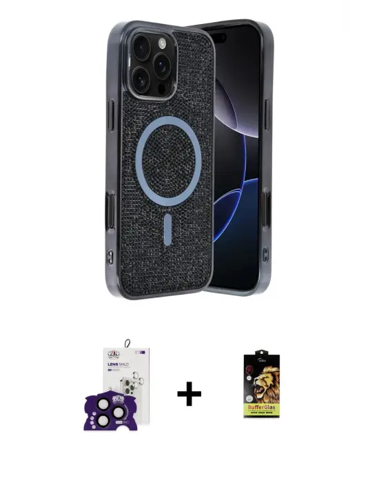 ieg™ iPhone 16 Pro Max Kılıf Eksen Çizgi - Siyah Buffer Cam Ekran Koruyucu + Bilvis Titan Kamera Lens - SH