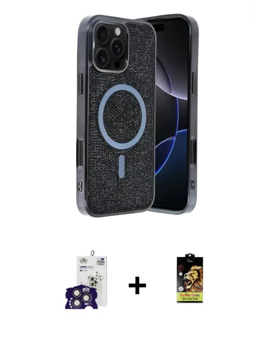 ieg™ iPhone 16 Pro Max Kılıf Eksen Çizgi - Siyah Buffer Cam Ekran Koruyucu + Bilvis Titan Kamera Lens - TMGI
