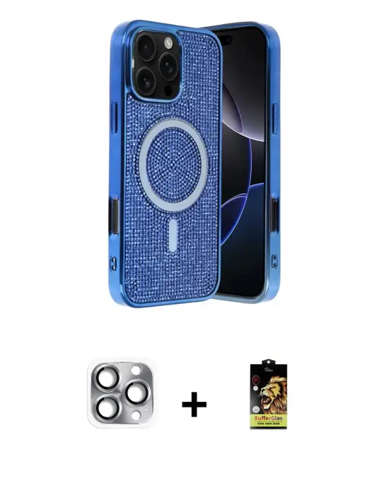 ieg™ iPhone 16 Pro Max Kılıf Eksen Çizgi - Siyah Buffer Cam Ekran Koruyucu + Pers Alüminyum Kamera Lens - GI