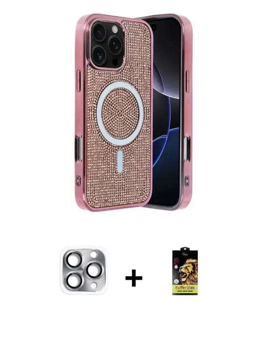 ieg™ iPhone 16 Pro Max Kılıf Eksen Çizgi - Siyah Buffer Cam Ekran Koruyucu + Pers Alüminyum Kamera Lens - GI