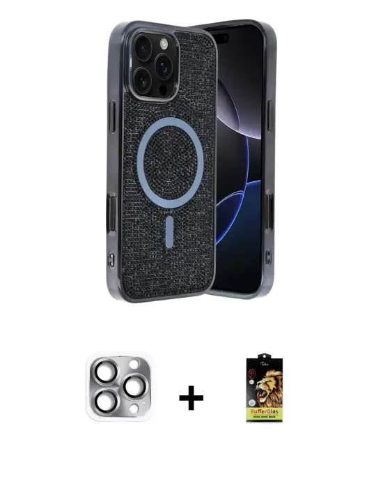 ieg™ iPhone 16 Pro Max Kılıf Eksen Çizgi - Siyah Buffer Cam Ekran Koruyucu + Pers Alüminyum Kamera Lens - GI