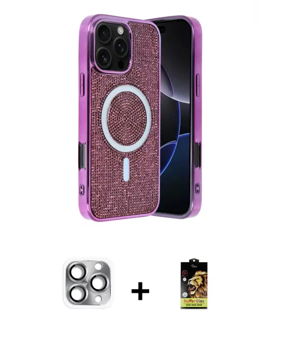 ieg™ iPhone 16 Pro Max Kılıf Eksen Çizgi - Siyah Buffer Cam Ekran Koruyucu + Pers Alüminyum Kamera Lens - GI