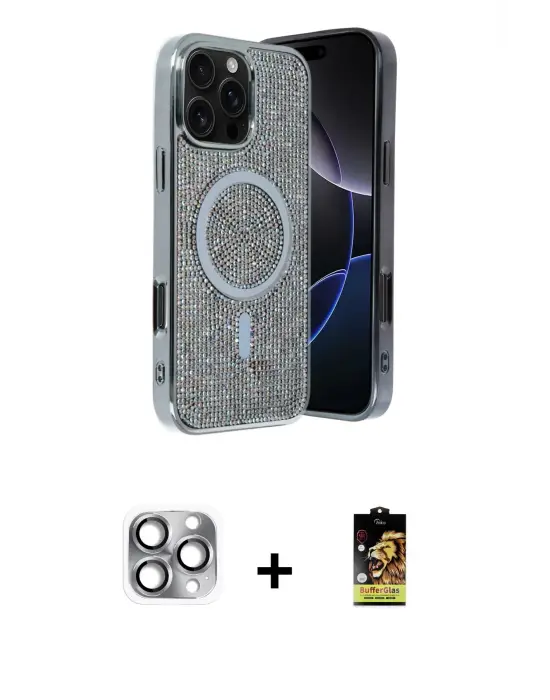 ieg™ iPhone 16 Pro Max Kılıf Eksen Çizgi - Siyah Buffer Cam Ekran Koruyucu + Pers Alüminyum Kamera Lens - GI