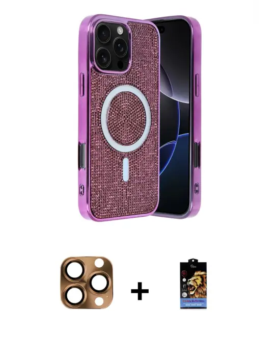 ieg™ iPhone 16 Pro Max Kılıf Eksen Çizgi - Siyah Buffer Hayalet Cam Ekran Koruyucu + Pers Alüminyum Kamera Lens - CLTM