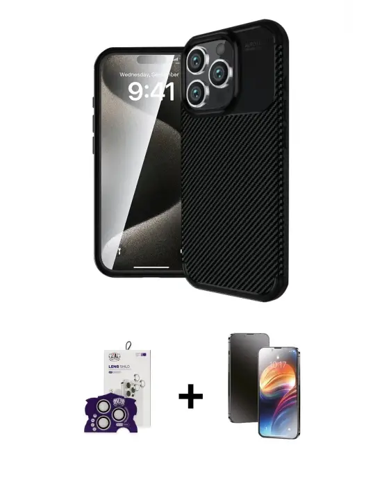 ieg™ iPhone 16 Pro Max Kılıf Eksen Form Prime - Siyah 3D Antistatik Mat Seramik Nano Ekran Koruyucu + Bilvis Titan Kamera Lens - GS