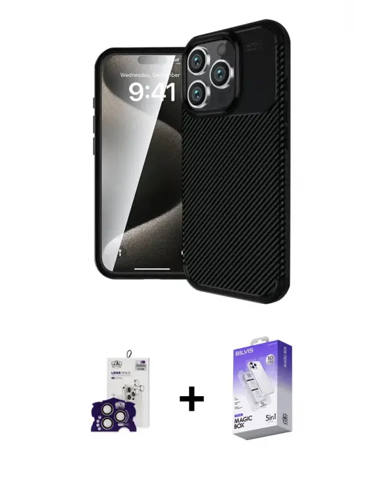ieg™ iPhone 16 Pro Max Kılıf Eksen Form Prime - Siyah Bilvis 5in1 3D Magic Cam Ekran Koruyucu + Bilvis Titan Kamera Lens - TMGI