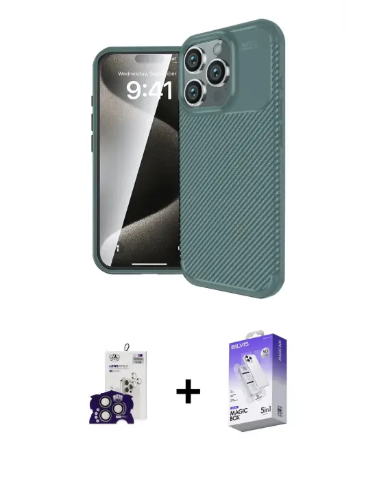 ieg™ iPhone 16 Pro Max Kılıf Eksen Form Prime - Siyah Bilvis 5in1 3D Magic Cam Ekran Koruyucu + Bilvis Titan Kamera Lens - TMGI