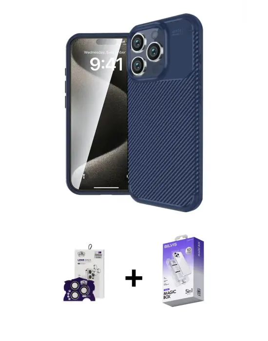 ieg™ iPhone 16 Pro Max Kılıf Eksen Form Prime - Siyah Bilvis 5in1 3D Magic Cam Ekran Koruyucu + Bilvis Titan Kamera Lens - TMGI