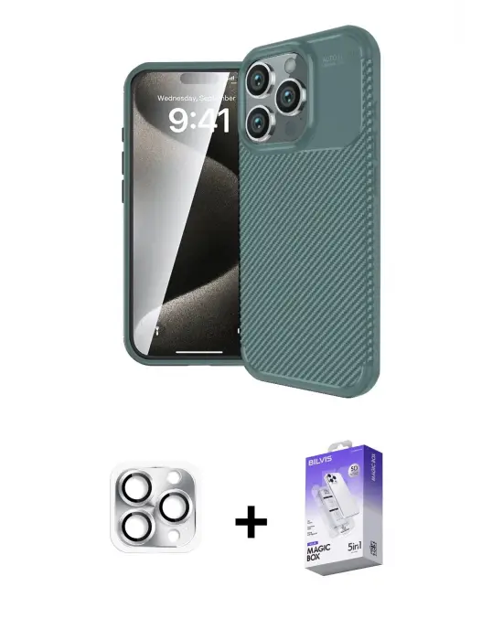ieg™ iPhone 16 Pro Max Kılıf Eksen Form Prime - Siyah Bilvis 5in1 3D Magic Cam Ekran Koruyucu + Pers Alüminyum Kamera Lens - GS