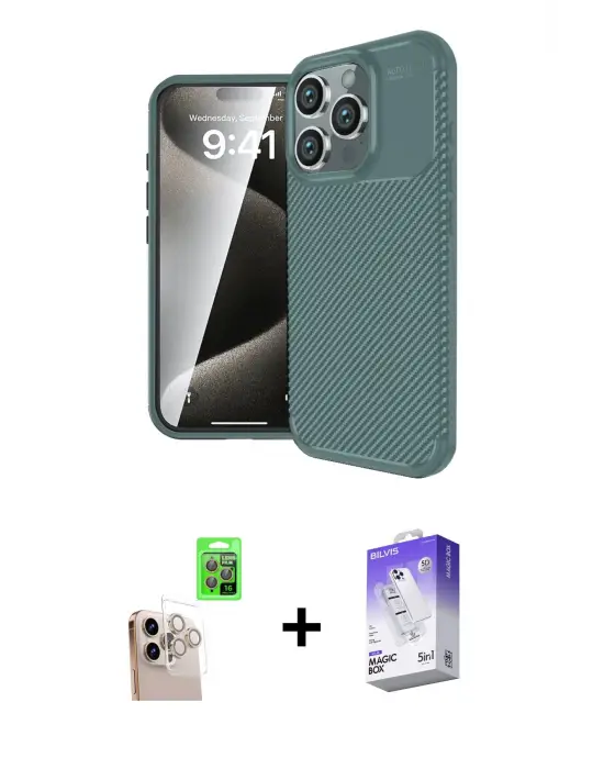 ieg™ iPhone 16 Pro Max Kılıf Eksen Form Prime - Siyah Bilvis 5in1 3D Magic Cam Ekran Koruyucu + Raze Metal Kamera Lens - NLGY