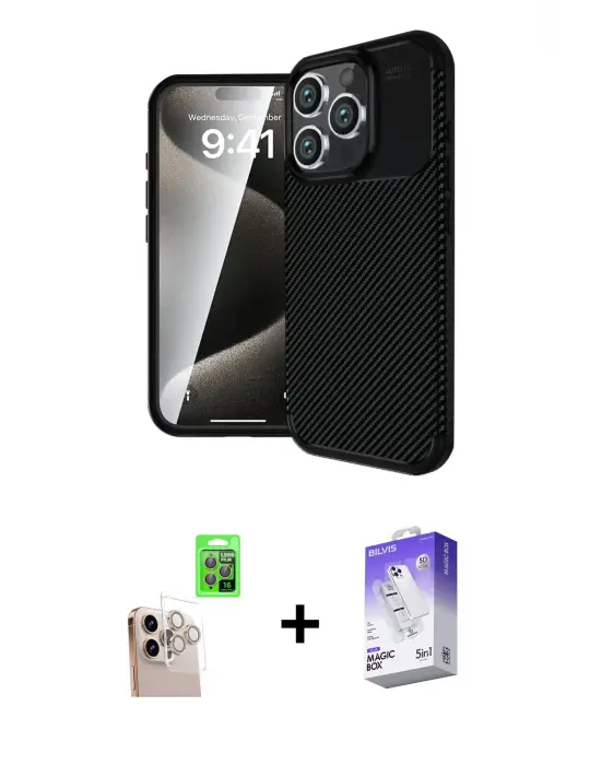 ieg™ iPhone 16 Pro Max Kılıf Eksen Form Prime - Siyah Bilvis 5in1 3D Magic Cam Ekran Koruyucu + Raze Metal Kamera Lens - NLGY
