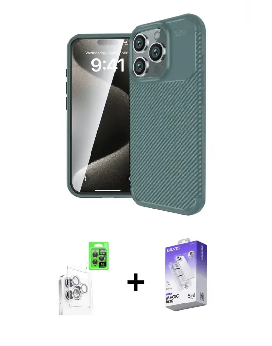 ieg™ iPhone 16 Pro Max Kılıf Eksen Form Prime - Siyah Bilvis 5in1 3D Magic Cam Ekran Koruyucu + Raze Metal Kamera Lens - BZ