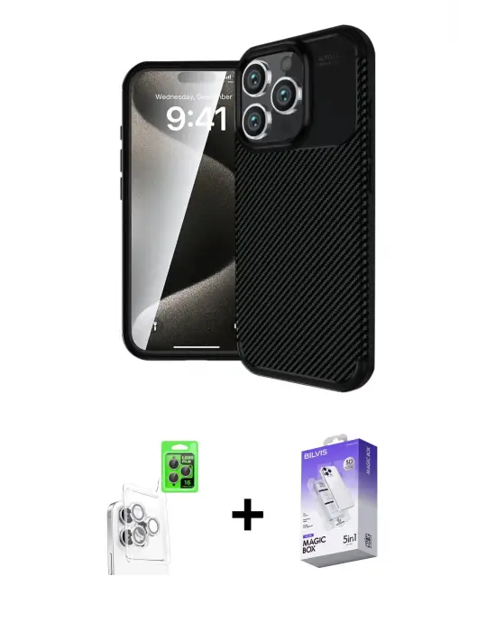 ieg™ iPhone 16 Pro Max Kılıf Eksen Form Prime - Siyah Bilvis 5in1 3D Magic Cam Ekran Koruyucu + Raze Metal Kamera Lens - BZ