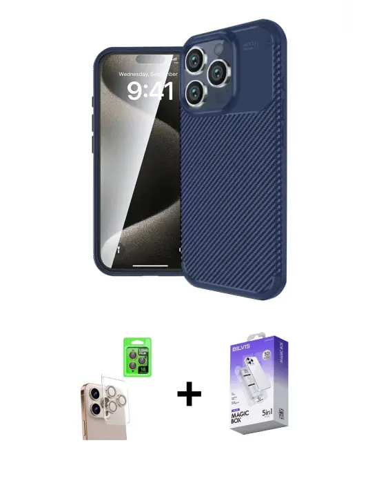 ieg™ iPhone 16 Pro Max Kılıf Eksen Form Prime - Siyah Bilvis 5in1 3D Magic Cam Ekran Koruyucu + Raze Metal Kamera Lens - NLGY