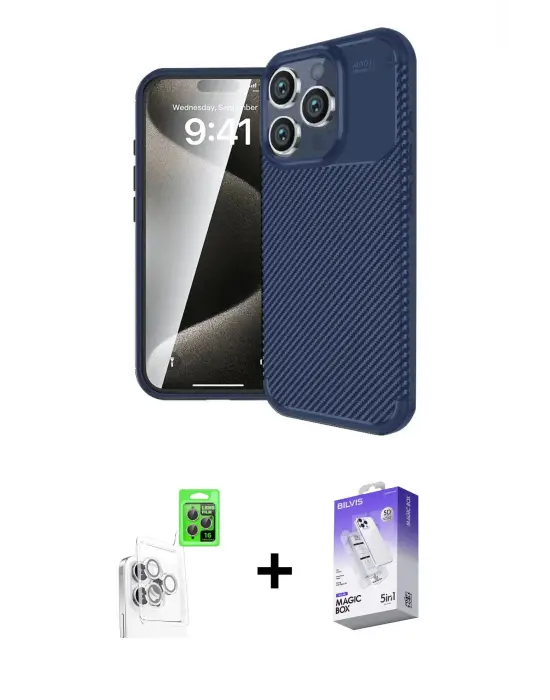 ieg™ iPhone 16 Pro Max Kılıf Eksen Form Prime - Siyah Bilvis 5in1 3D Magic Cam Ekran Koruyucu + Raze Metal Kamera Lens - BZ