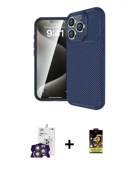 ieg™ iPhone 16 Pro Max Kılıf Eksen Form Prime - Siyah Buffer Cam Ekran Koruyucu + Bilvis Titan Kamera Lens - GS