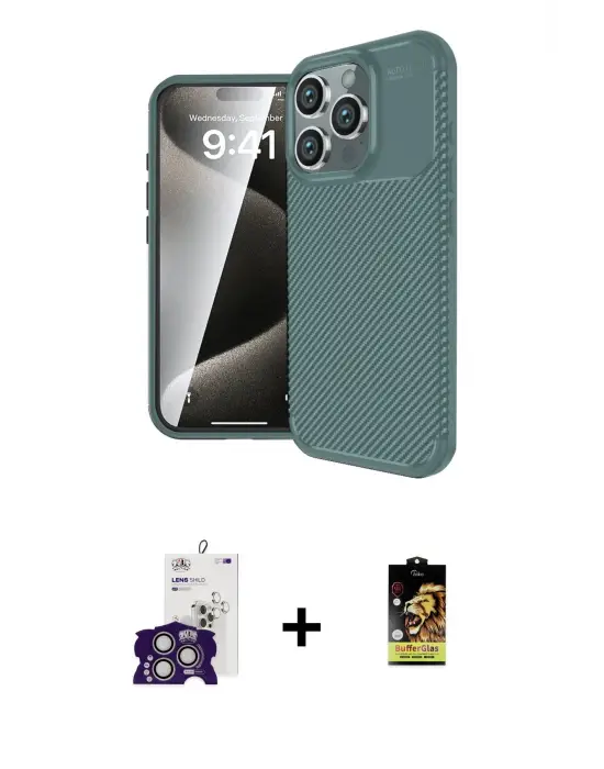ieg™ iPhone 16 Pro Max Kılıf Eksen Form Prime - Siyah Buffer Cam Ekran Koruyucu + Bilvis Titan Kamera Lens - GS