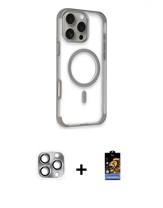 ieg™ iPhone 16 Pro Max Kılıf Eksen Klasik Koleksiyonu - Siyah Buffer Hayalet Cam Ekran Koruyucu + Pers Alüminyum Kamera Lens - GI