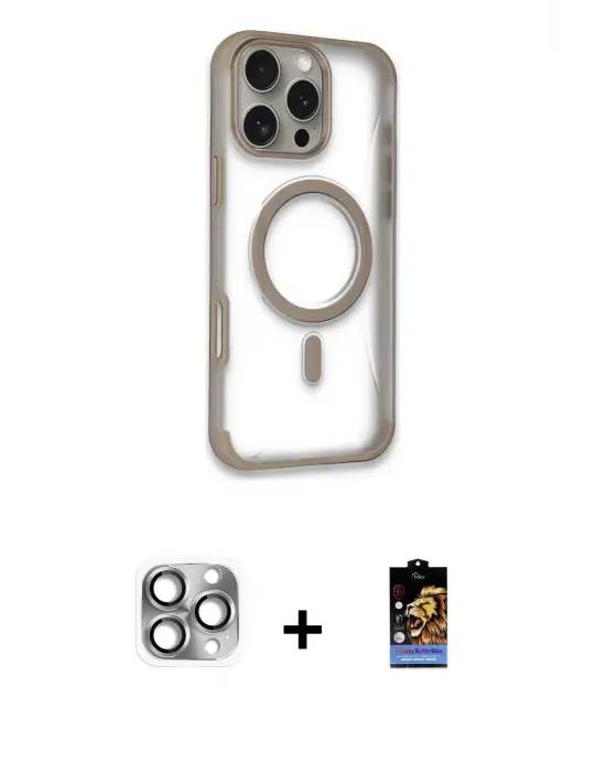 ieg™ iPhone 16 Pro Max Kılıf Eksen Klasik Koleksiyonu - Siyah Buffer Hayalet Cam Ekran Koruyucu + Pers Alüminyum Kamera Lens - GI