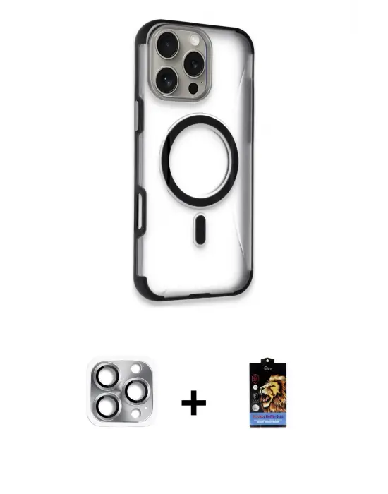 ieg™ iPhone 16 Pro Max Kılıf Eksen Klasik Koleksiyonu - Siyah Buffer Hayalet Cam Ekran Koruyucu + Pers Alüminyum Kamera Lens - GI