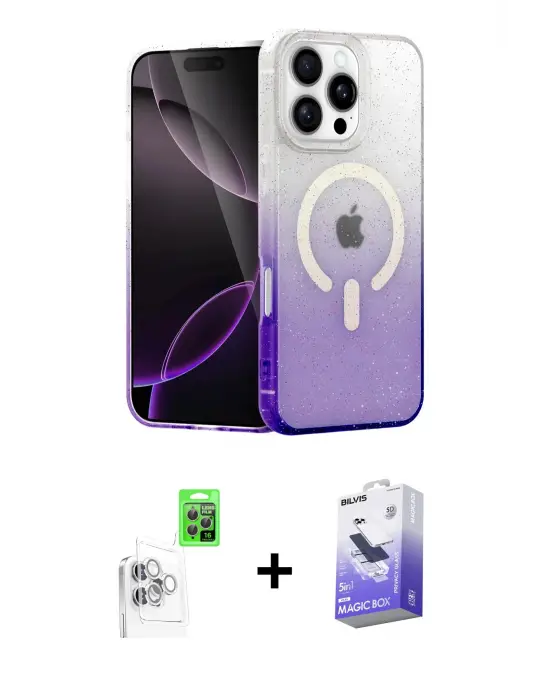 ieg™ iPhone 16 Pro Max Kılıf Eksen Minimal Özel Seri - Siyah Bilvis 5in1 5D Magic Hayalet Cam Ekran Koruyucu + Raze Metal Kamera Lens - BZ