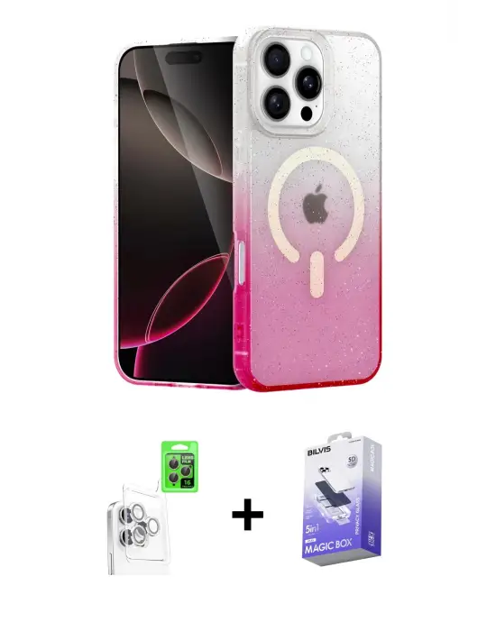 ieg™ iPhone 16 Pro Max Kılıf Eksen Minimal Özel Seri - Siyah Bilvis 5in1 5D Magic Hayalet Cam Ekran Koruyucu + Raze Metal Kamera Lens - BZ