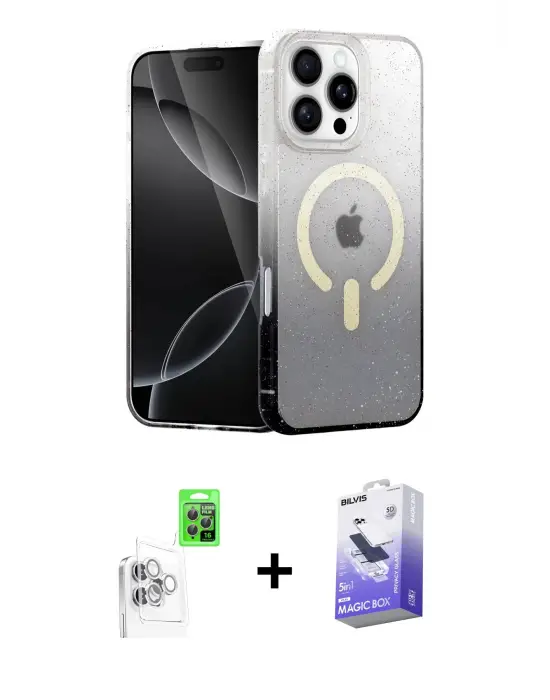 ieg™ iPhone 16 Pro Max Kılıf Eksen Minimal Özel Seri - Siyah Bilvis 5in1 5D Magic Hayalet Cam Ekran Koruyucu + Raze Metal Kamera Lens - BZ