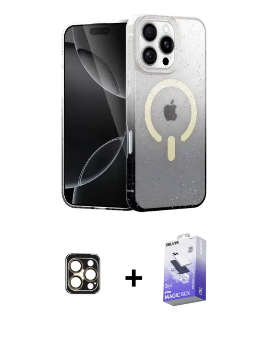 ieg™ iPhone 16 Pro Max Kılıf Eksen Minimal Özel Seri - Siyah Bilvis 5in1 5D Magic Hayalet Cam Ekran Koruyucu + PVD Metal Kamera Lens - GD