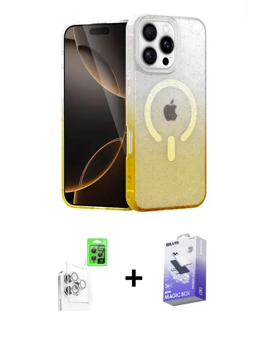 ieg™ iPhone 16 Pro Max Kılıf Eksen Minimal Özel Seri - Siyah Bilvis 5in1 5D Magic Hayalet Cam Ekran Koruyucu + Raze Metal Kamera Lens - BZ