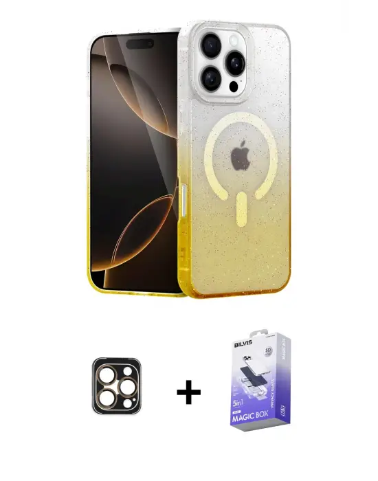 ieg™ iPhone 16 Pro Max Kılıf Eksen Minimal Özel Seri - Siyah Bilvis 5in1 5D Magic Hayalet Cam Ekran Koruyucu + PVD Metal Kamera Lens - GD