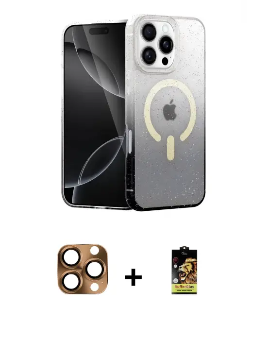 ieg™ iPhone 16 Pro Max Kılıf Eksen Minimal Özel Seri - Siyah Buffer Cam Ekran Koruyucu + Pers Alüminyum Kamera Lens - CLTM