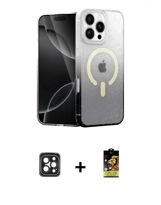 ieg™ iPhone 16 Pro Max Kılıf Eksen Minimal Özel Seri - Siyah Buffer Cam Ekran Koruyucu + PVD Metal Kamera Lens - SH