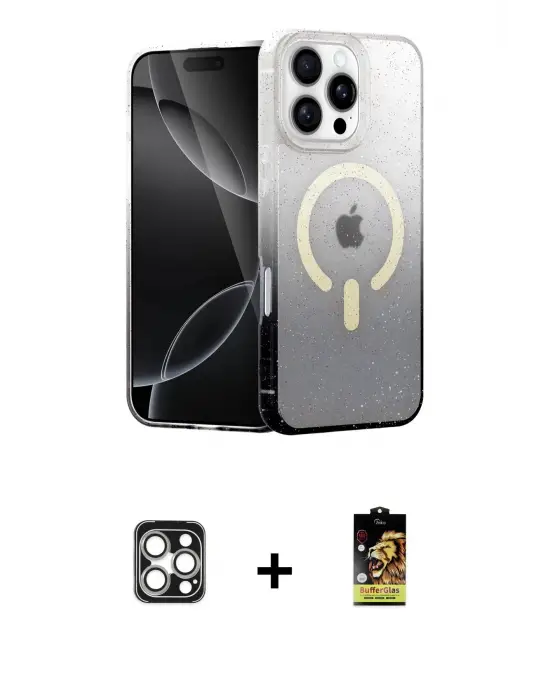 ieg™ iPhone 16 Pro Max Kılıf Eksen Minimal Özel Seri - Siyah Buffer Cam Ekran Koruyucu + PVD Metal Kamera Lens - GS
