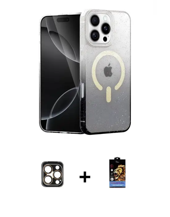 ieg™ iPhone 16 Pro Max Kılıf Eksen Minimal Özel Seri - Siyah Buffer Hayalet Cam Ekran Koruyucu + PVD Metal Kamera Lens - GD