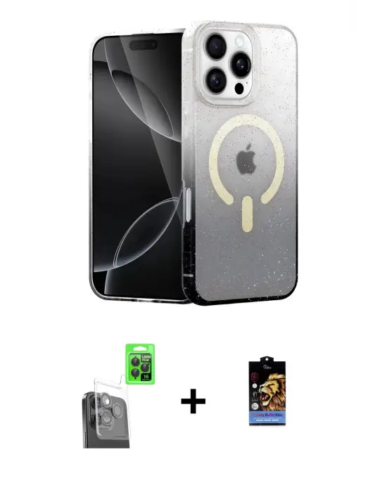 ieg™ iPhone 16 Pro Max Kılıf Eksen Minimal Özel Seri - Siyah Buffer Hayalet Cam Ekran Koruyucu + Raze Metal Kamera Lens - SH