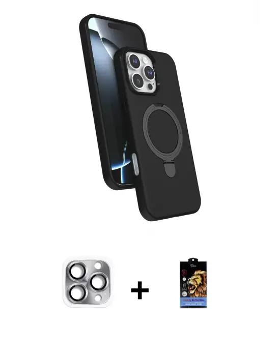 ieg™ iPhone 16 Pro Max Kılıf İz Işık Koleksiyonu - Siyah Buffer Hayalet Cam Ekran Koruyucu + Pers Alüminyum Kamera Lens - GI