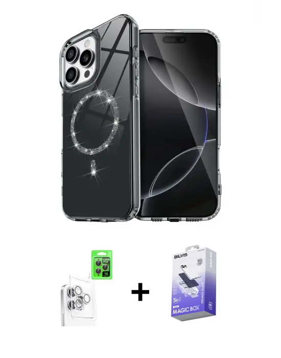 ieg™ iPhone 16 Pro Max Kılıf Kıvılcım Form Prime - Siyah Bilvis 5in1 5D Magic Hayalet Cam Ekran Koruyucu + Raze Metal Kamera Lens - BZ