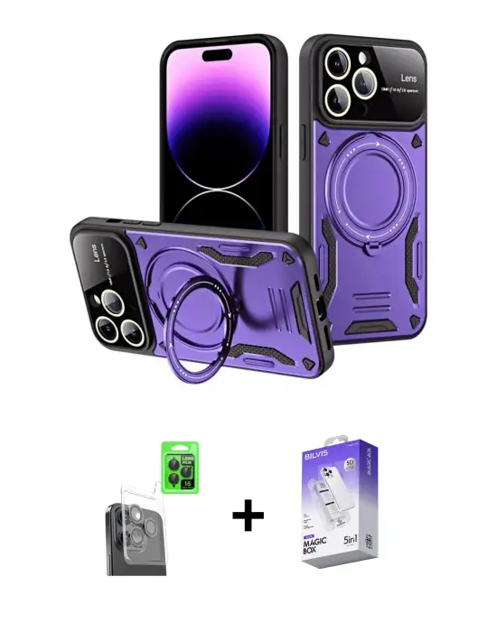 ieg™ iPhone 16 Pro Max Kılıf Kıvılcım Modern Serisi - Siyah Bilvis 5in1 3D Magic Cam Ekran Koruyucu + Raze Metal Kamera Lens - SH