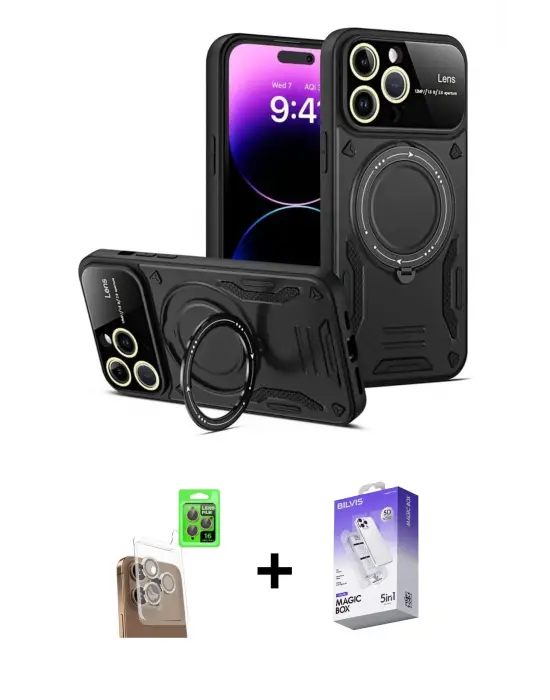 ieg™ iPhone 16 Pro Max Kılıf Kıvılcım Modern Serisi - Siyah Bilvis 5in1 3D Magic Cam Ekran Koruyucu + Raze Metal Kamera Lens - CLTM