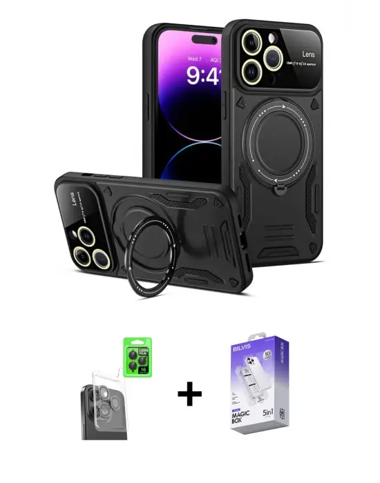 ieg™ iPhone 16 Pro Max Kılıf Kıvılcım Modern Serisi - Siyah Bilvis 5in1 3D Magic Cam Ekran Koruyucu + Raze Metal Kamera Lens - SH