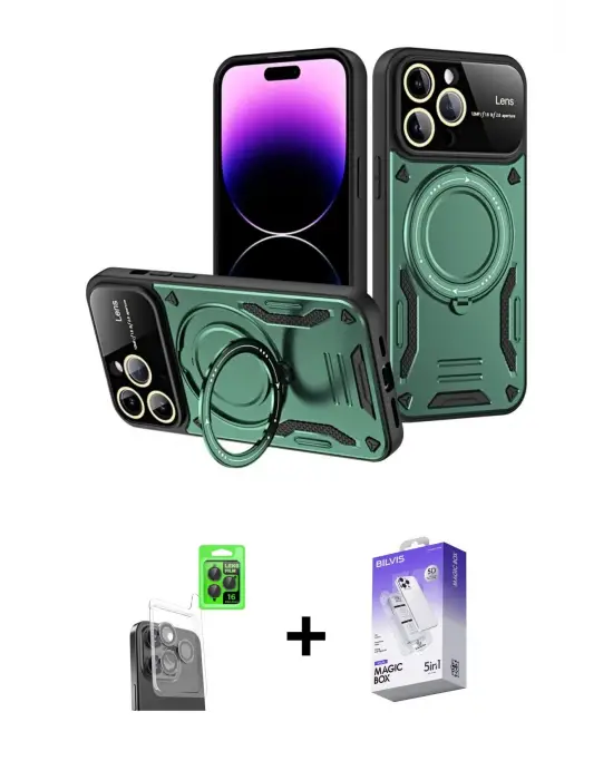 ieg™ iPhone 16 Pro Max Kılıf Kıvılcım Modern Serisi - Siyah Bilvis 5in1 3D Magic Cam Ekran Koruyucu + Raze Metal Kamera Lens - SH