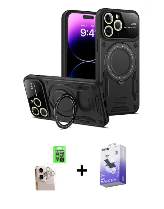 ieg™ iPhone 16 Pro Max Kılıf Kıvılcım Modern Serisi - Siyah Bilvis 5in1 5D Magic Hayalet Cam Ekran Koruyucu + Raze Metal Kamera Lens - NLGY
