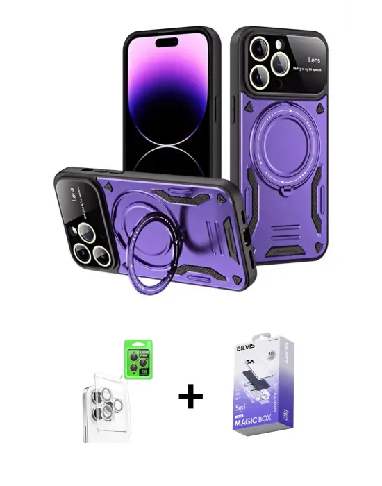 ieg™ iPhone 16 Pro Max Kılıf Kıvılcım Modern Serisi - Siyah Bilvis 5in1 5D Magic Hayalet Cam Ekran Koruyucu + Raze Metal Kamera Lens - BZ