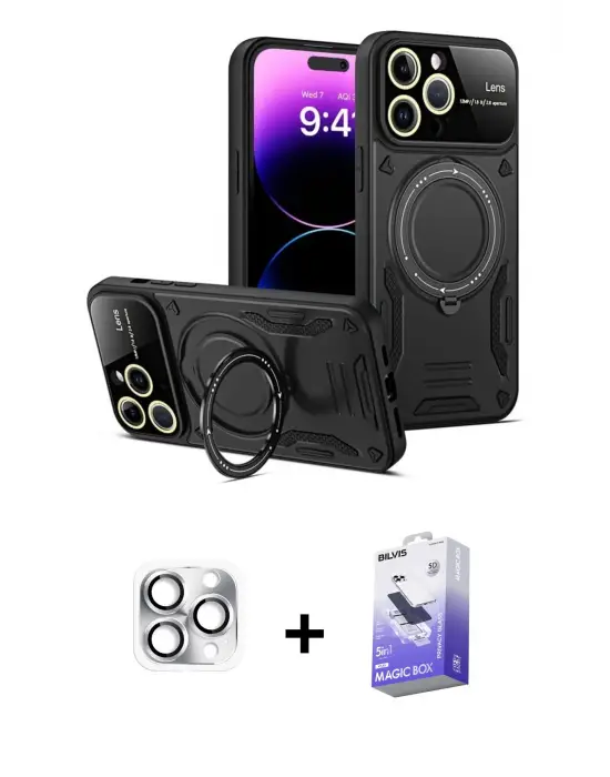 ieg™ iPhone 16 Pro Max Kılıf Kıvılcım Modern Serisi - Siyah Bilvis 5in1 5D Magic Hayalet Cam Ekran Koruyucu + Pers Alüminyum Kamera Lens - GS